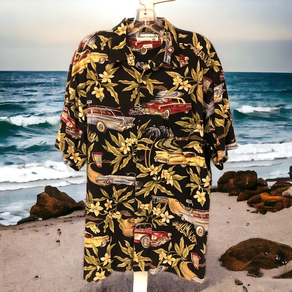 Vtg Robert Stock‎ Hawaiian Shirt Mens M Black green tropical Cars Short Sleeve